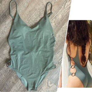Aerie cheeky open side o-ring olive green one piece swimsuit